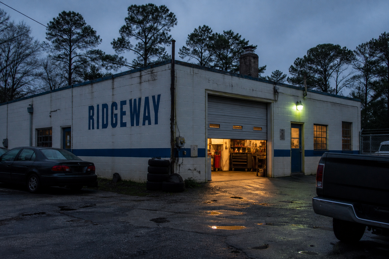 Ridgeway Auto Care sample — dusk shop exterior.